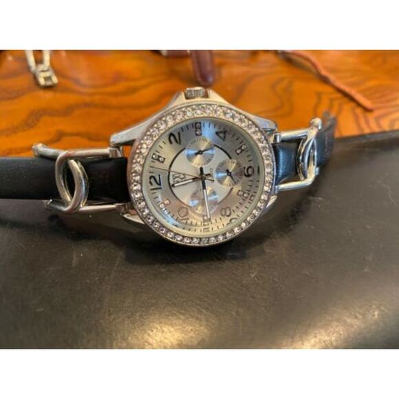 Women's NY&C Watch, Silver Tone with Rhnestones, Chrono Style, Black Band - Picture 2 of 2